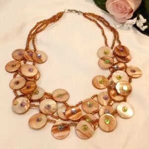 Natural Mother of Pearl Shell Necklace Tan Brown, Shell White & Colorful Glimmer